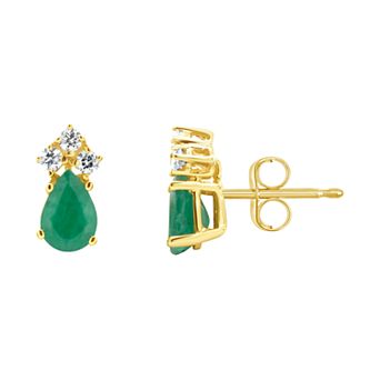 Celebration Gems 14K Yellow Gold Pear-Shaped Emerald 1/8 Carat T.W. Diamond Earrings