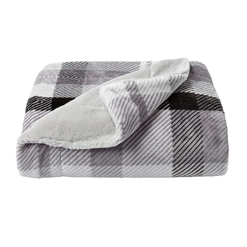 Portsmouth Home Plaid Faux Fur Throw Blanket, Grey