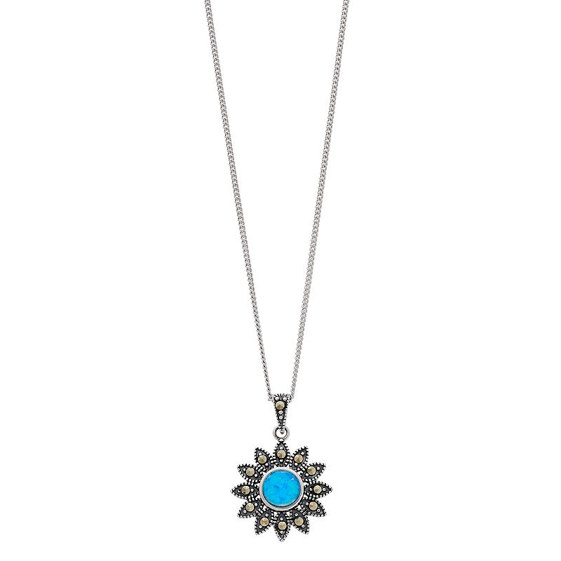Tori Hill Sterling Silver Simulated Opal & Marcasite Flower Pendant Neckla