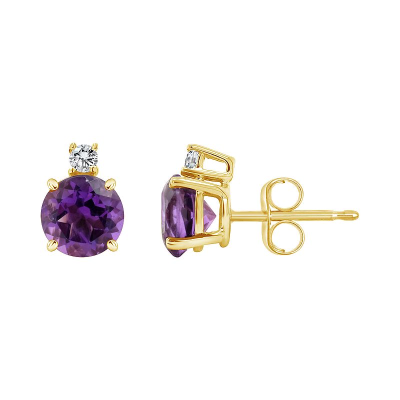 14K Yellow Gold 6mm Round Amethyst Diamond Accent Earrings, Womens, Purple
