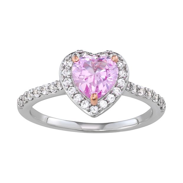 Sterling Silver Lab-Created Sapphire Heart Ring - Pink & White - 6