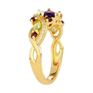 14K Yellow Gold over Sterling Silver Multi Gemstone & Lab-Created White Sapphire Ring