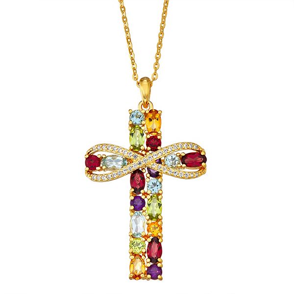 14K Yellow Gold over Sterling Silver Multi Gemstone & Lab-Created White  Sapphire Cross Pendant Necklace