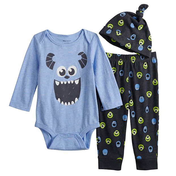 Disney / Pixar Monsters Inc. Baby Boy Bodysuit, Pants & Hat Set by
