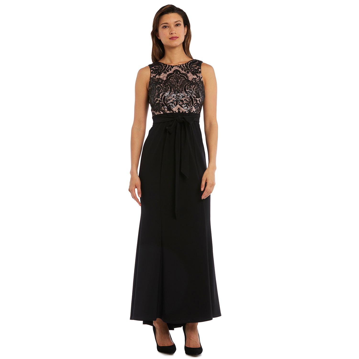 r&m richards long lace evening gown