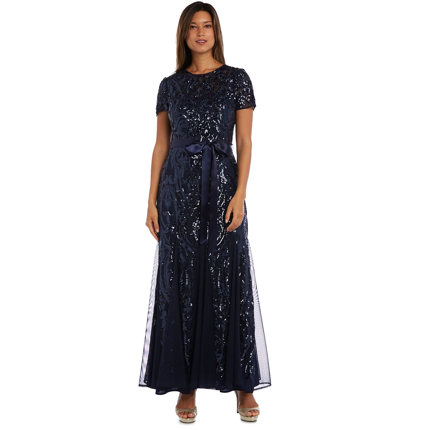 r&m richards embroidered sequin panel gown