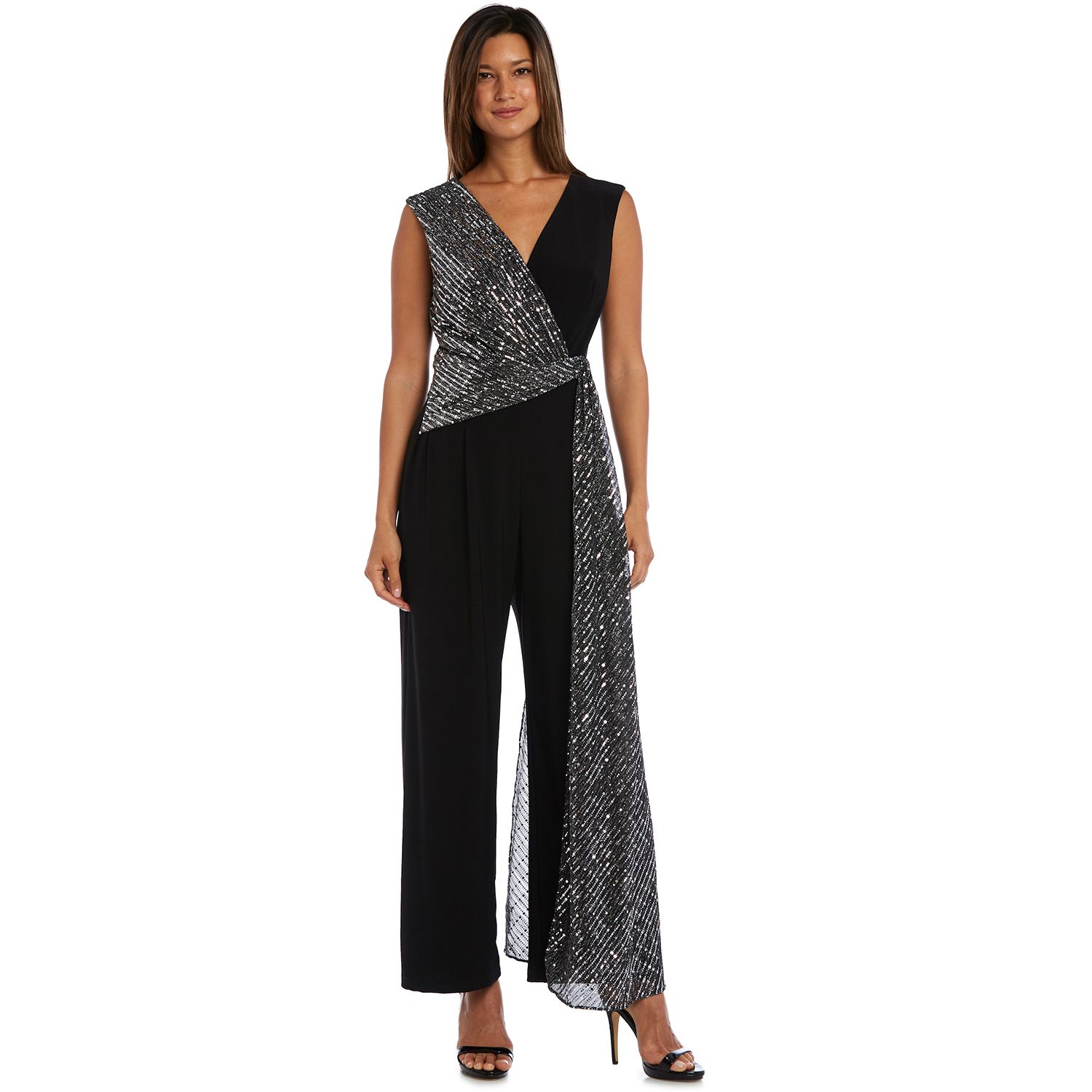 r & m richards petite illusion ruffle jumpsuit