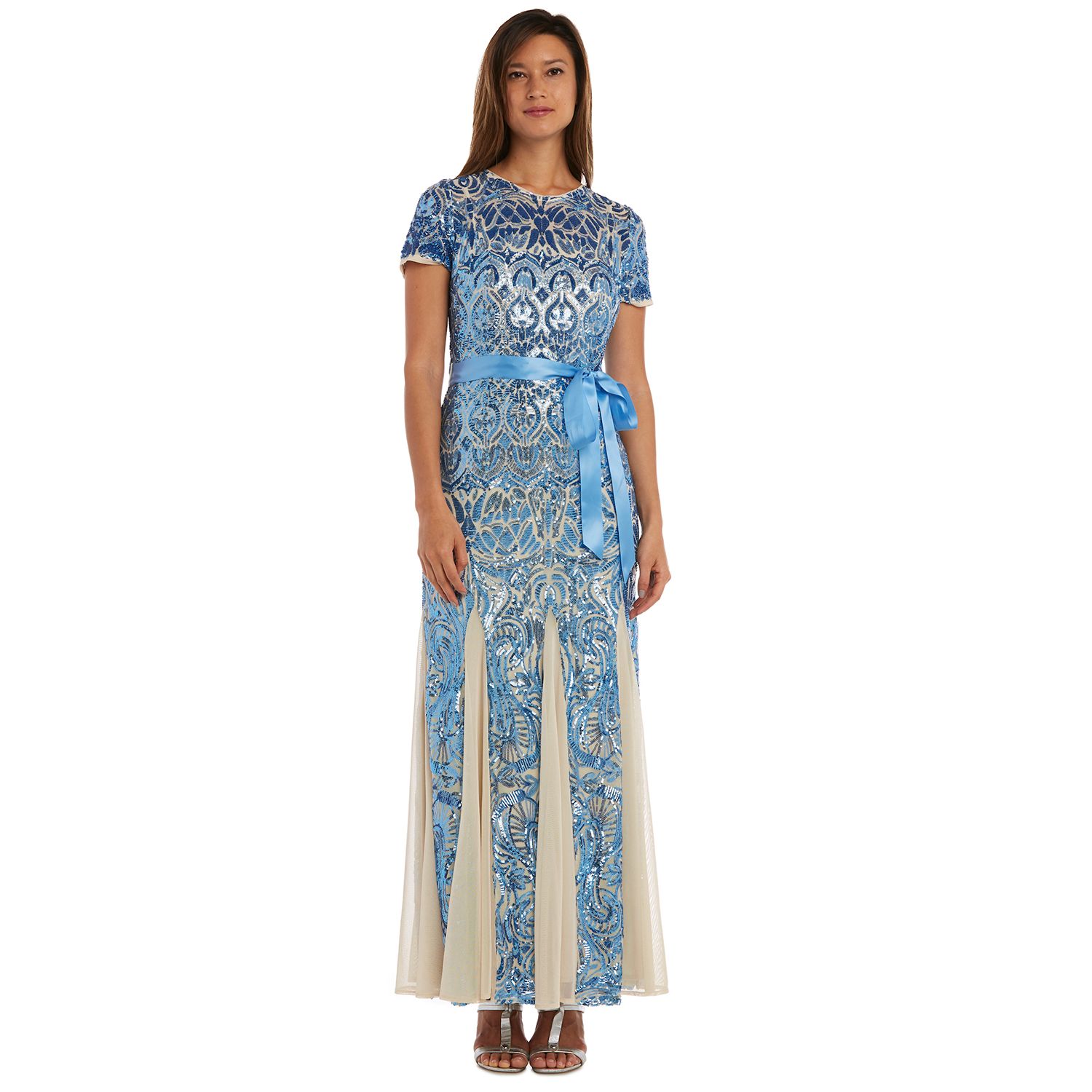 r&m richards embroidered sequin panel gown