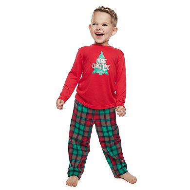 Toddler Boy Jammies For Your Families Red Plaid Merry Christmas Family Tee & Pants Pajama Set