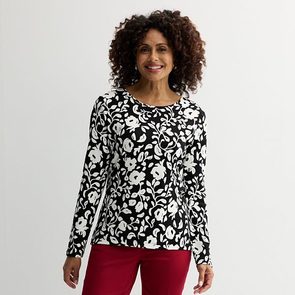 Women's Croft & Barrow® Essential Long-Sleeve Crewneck Tee - Black Chic Floral (X SMALL)