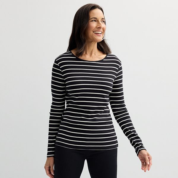 Women's Croft & Barrow® Essential Long-Sleeve Crewneck Tee - Black Classy Stripe (X SMALL)