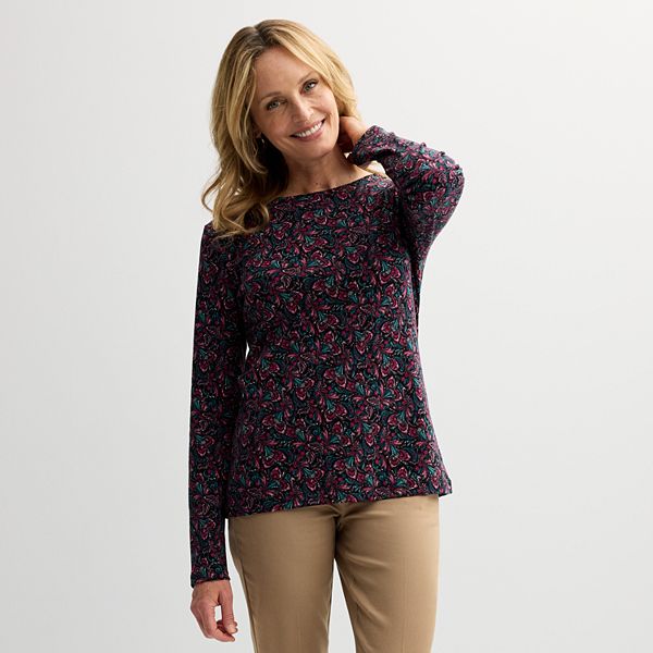 Women's Croft & Barrow® Essential Long-Sleeve Crewneck Tee - Black Festive Paisley (SMALL)