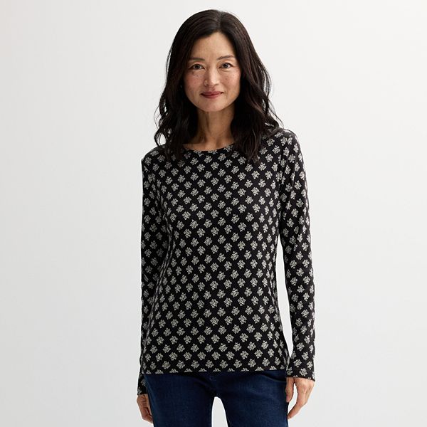 Women's Croft & Barrow® Essential Long-Sleeve Crewneck Tee - Black Tan Bloom Tile (X SMALL)