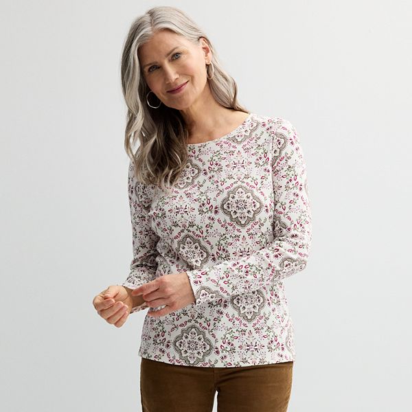 Women's Croft & Barrow® Essential Long-Sleeve Crewneck Tee - Cream Medallion (X LARGE)