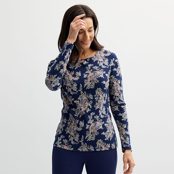 Women's Croft & Barrow® Essential Long-Sleeve Crewneck Tee - Navy Chic Paisley (MEDIUM)