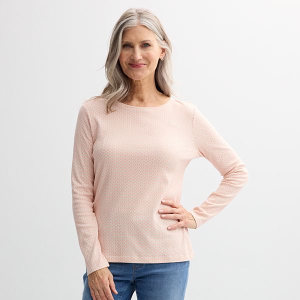 Women's Croft & Barrow® Essential Long-Sleeve Crewneck Tee - Peach Tiny Geo (XX LARGE)