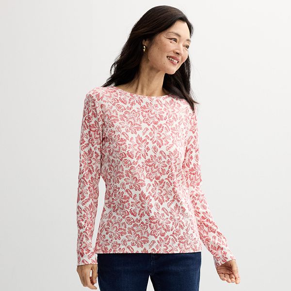 Women's Croft & Barrow® Essential Long-Sleeve Crewneck Tee - Red Cream Damask (X SMALL)