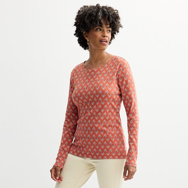 Women's Croft & Barrow® Essential Long-Sleeve Crewneck Tee - Rust Tile (X SMALL)