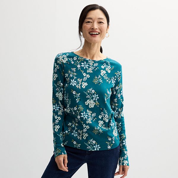 Women's Croft & Barrow® Essential Long-Sleeve Crewneck Tee - Teal Fall Bloom (SMALL)