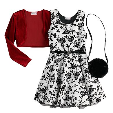 Girls 4-6x Knitworks Flocked Skater Dress with Red Bolero and Purse