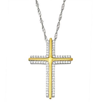 Sterling Silver Two-Tone Cubic Zirconia Cross Pendant Necklace