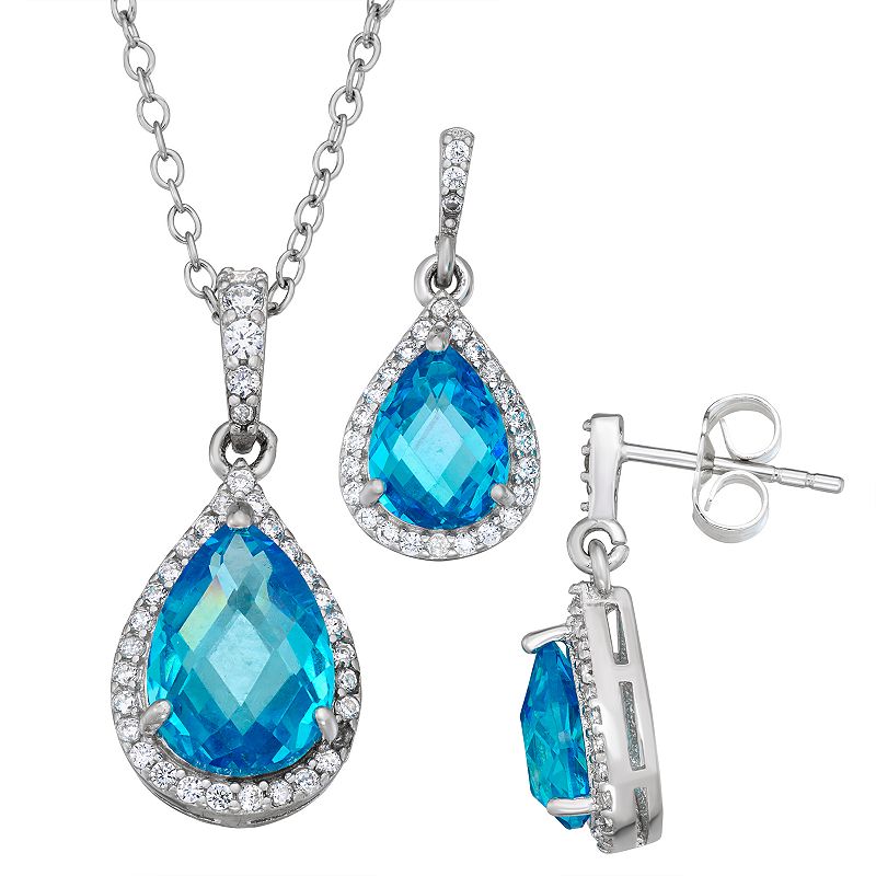 Sterling Silver Pear-Shaped Blue Cubic Zirconia Earrings & Pendant Necklac