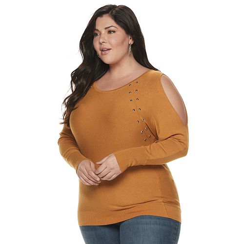 Plus Size Jennifer Lopez Studded Cold Shoulder Pullover