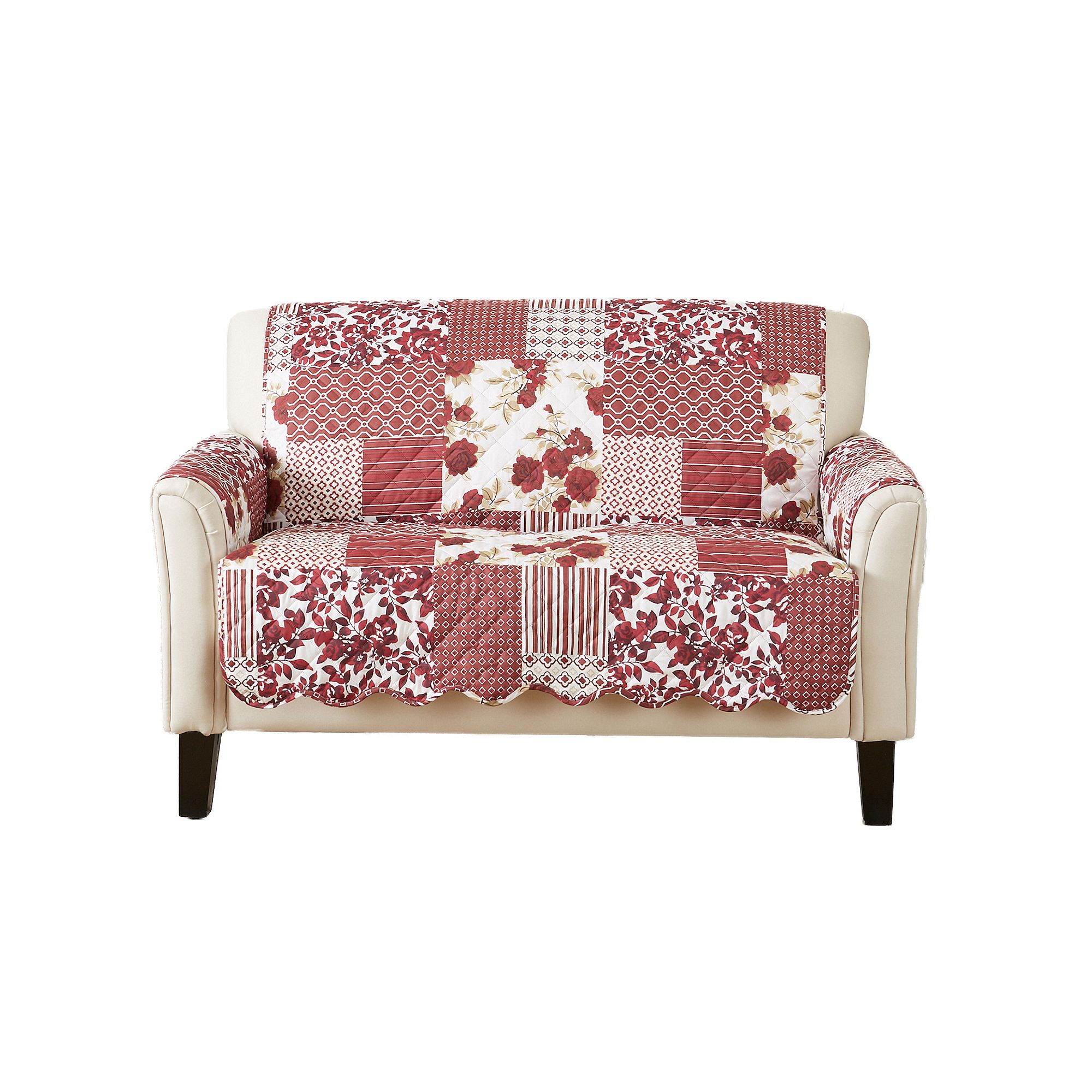 Great Bay Home Patchwork Scalloped Loveseat Furniture Protector, Red