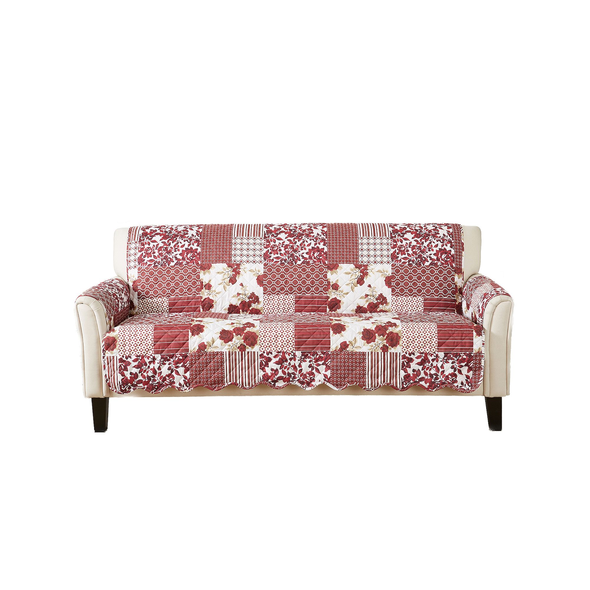 Great Bay Home Patchwork Scalloped Sofa Furniture Protector, Red
