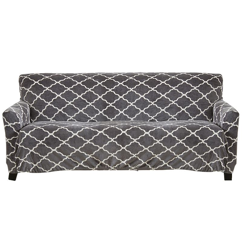 Great Bay Home Printed Velvet Plush Form Fit Stretch Sofa Slipcover, Grey
