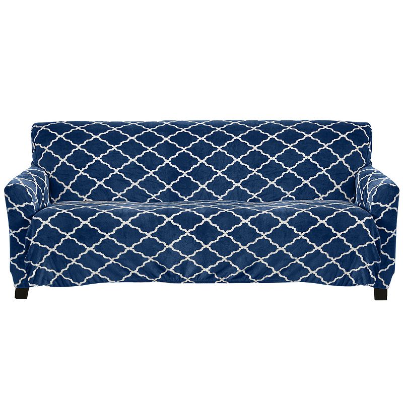 Great Bay Home Printed Velvet Plush Form Fit Stretch Sofa Slipcover, Blue