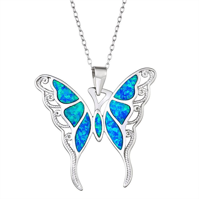 Sterling Silver Lab-Created Blue Opal Butterfly Pendant Necklace, Womens,