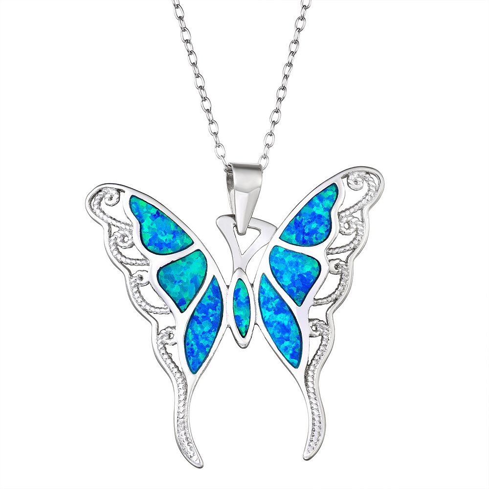 Sterling Silver Rhodium Plated Blue Inlay Synthetic Opal Butterfly Pendant