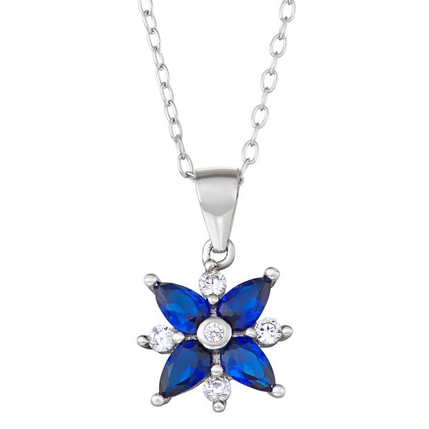 Sterling Silver Lab-Created Blue Spinel & Cubic Zirconia Flower Pendant  Necklace