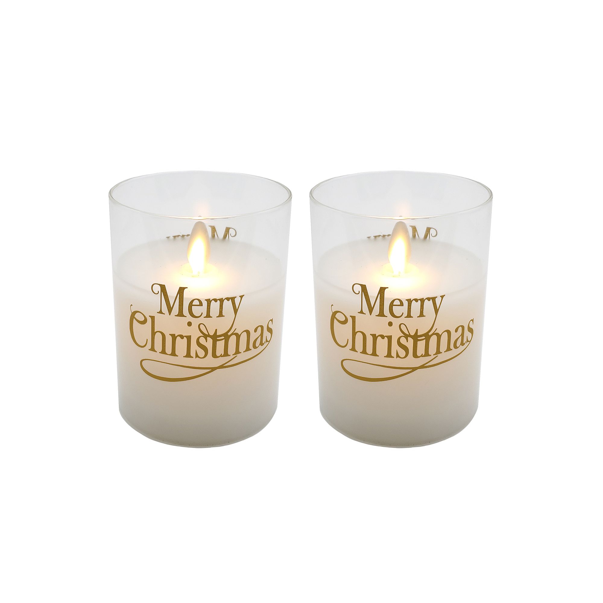 LumaBase Merry Christmas Wax Filled LED Candles Set in Glass Holders, 