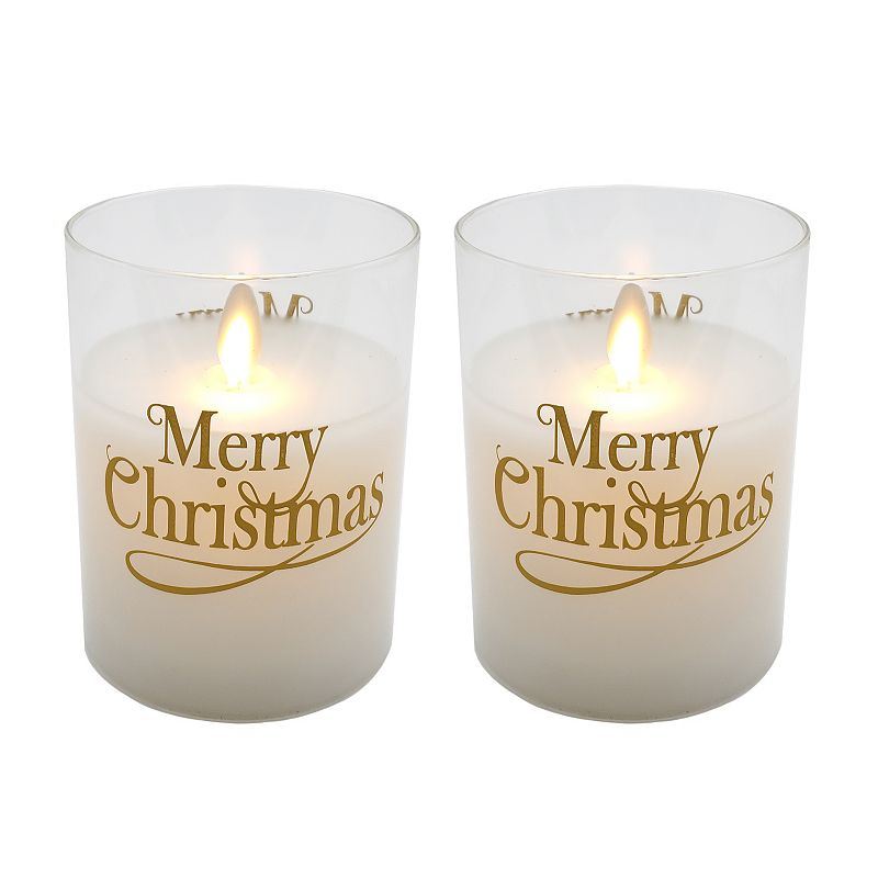 LumaBase Merry Christmas Wax Filled LED Candles Set in Glass Holders, 