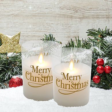 LumaBase "Merry Christmas" Wax Filled LED Candles Set in Glass Holders
