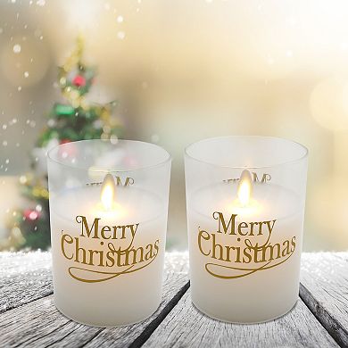LumaBase "Merry Christmas" Wax Filled LED Candles Set in Glass Holders