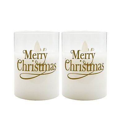 LumaBase "Merry Christmas" Wax Filled LED Candles Set in Glass Holders