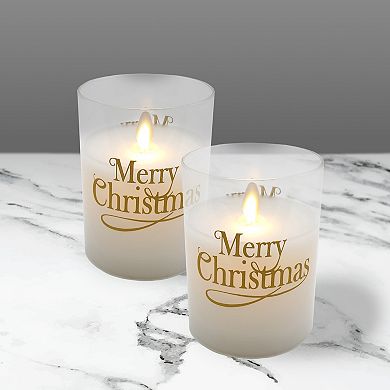 LumaBase "Merry Christmas" Wax Filled LED Candles Set in Glass Holders