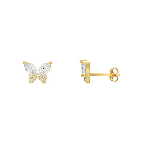 PRIMROSE Sterling Silver Cubic Zirconia Butterfly Stud Earrings - Yellow Gold Tone Clear