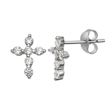 PRIMROSE Sterling Silver 18k Gold Plated Mini Cross Pave Cubic Zirconia Stud Earrings