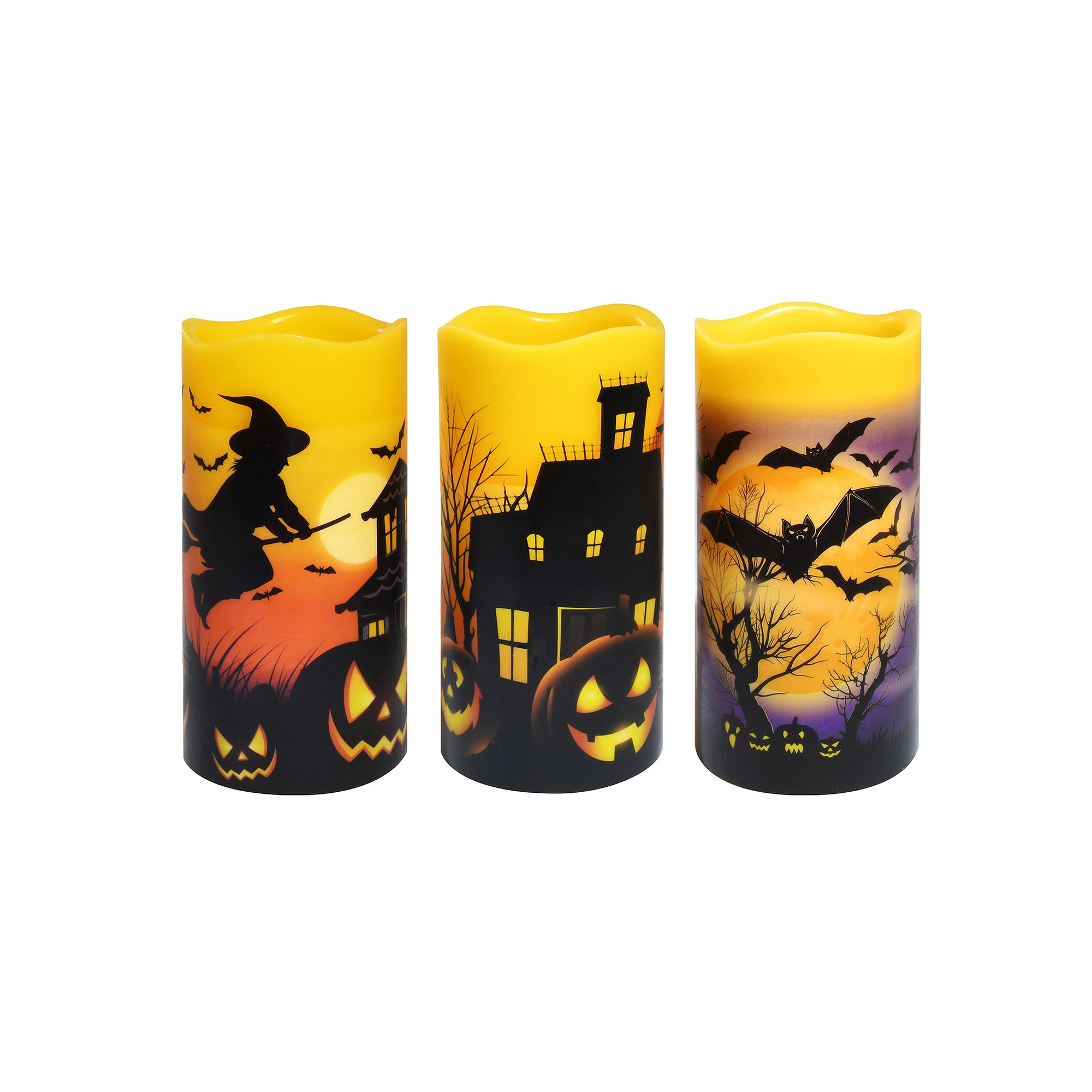 LumaBase Battery Operated LED Wax Pillar Halloween Candle Set, Orange Black