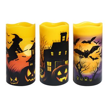 LumaBase Battery Operated LED Wax Pillar Halloween Candle Set