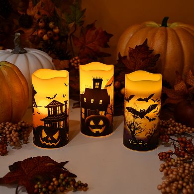LumaBase Battery Operated LED Wax Pillar Halloween Candle Set