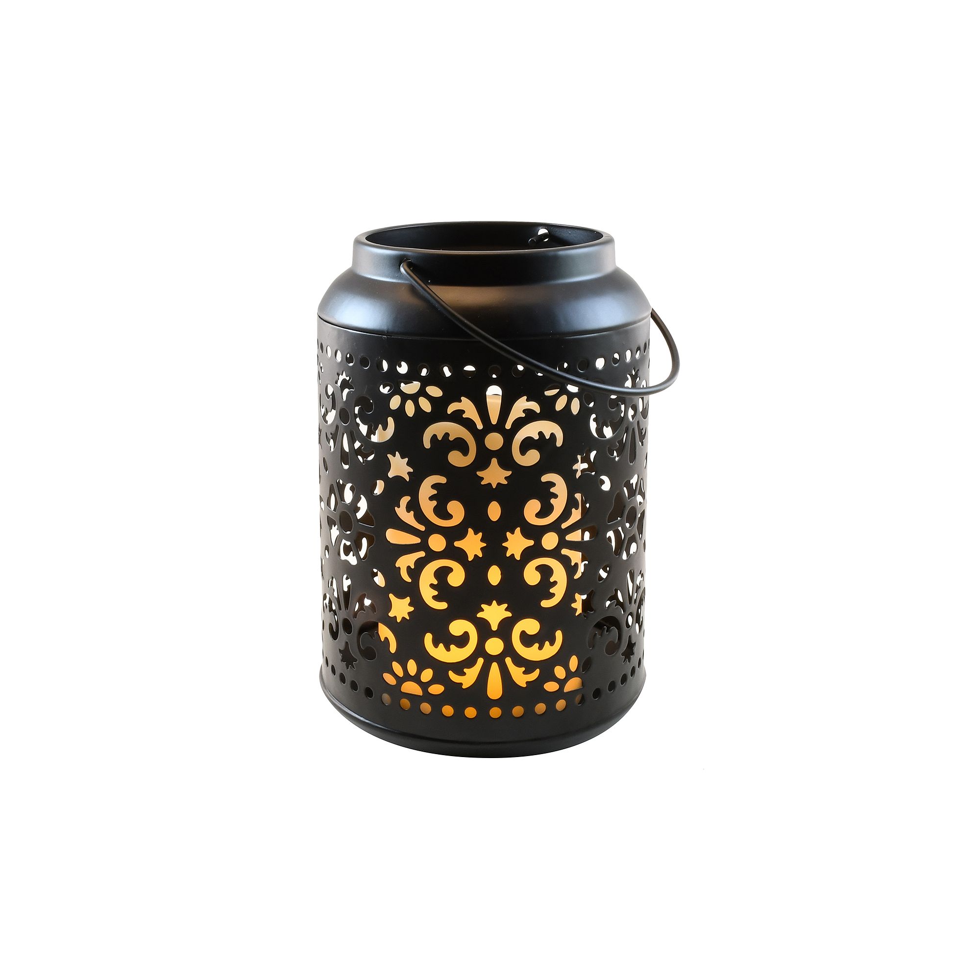 LumaBase Metal Lantern with Cut Out Design and Flame Effect Pillar Candle, 