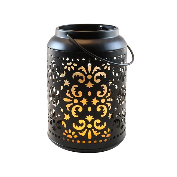 LumaBase Metal Lantern with Cut Out Design and Flame Effect Pillar Candle