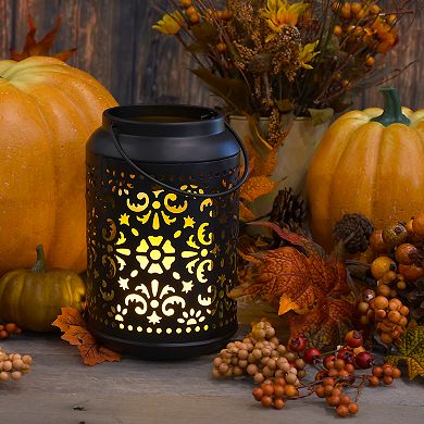 LumaBase Metal Lantern with Cut Out Design and Flame Effect Pillar Candle