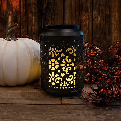 LumaBase Metal Lantern with Cut Out Design and Flame Effect Pillar Candle
