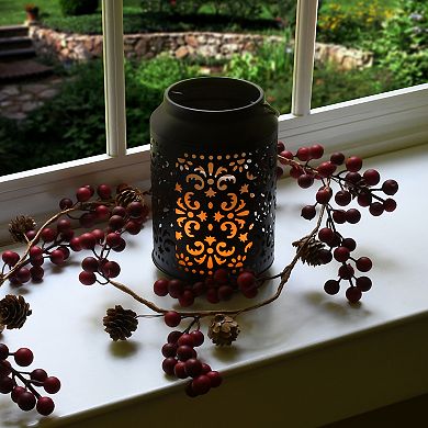 LumaBase Metal Lantern with Cut Out Design and Flame Effect Pillar Candle
